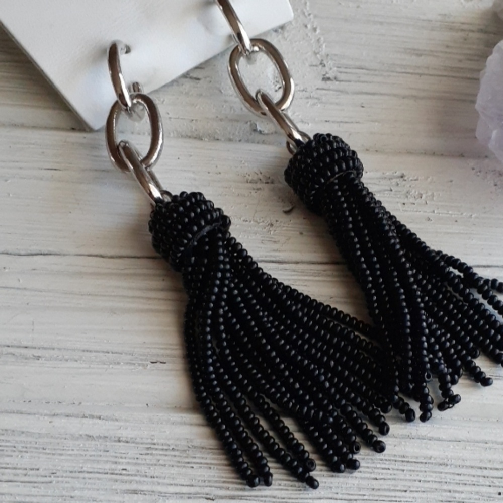 Urban outfitters Silver & Black seed bead tassel dangle earrings